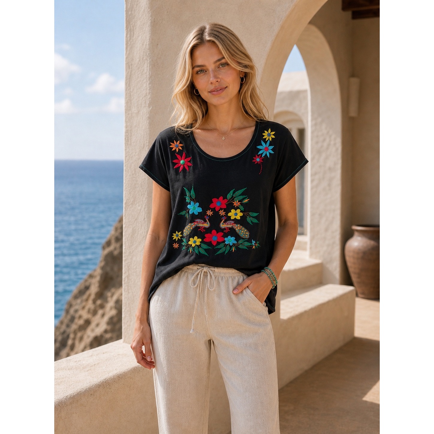 Jw Los Angeles Johnny Was Black Cotton Embroidered Floral Peacock T-Shirt Top L